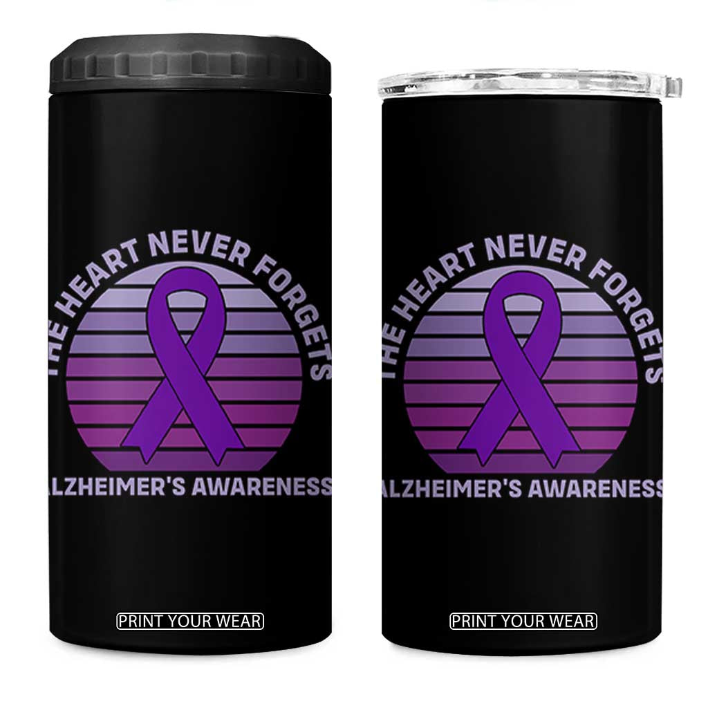 The Heart Never Forgets Alzheimers Support 4 in 1 Can Cooler Tumbler Vintage Sunset Purple Ribbon Graphic