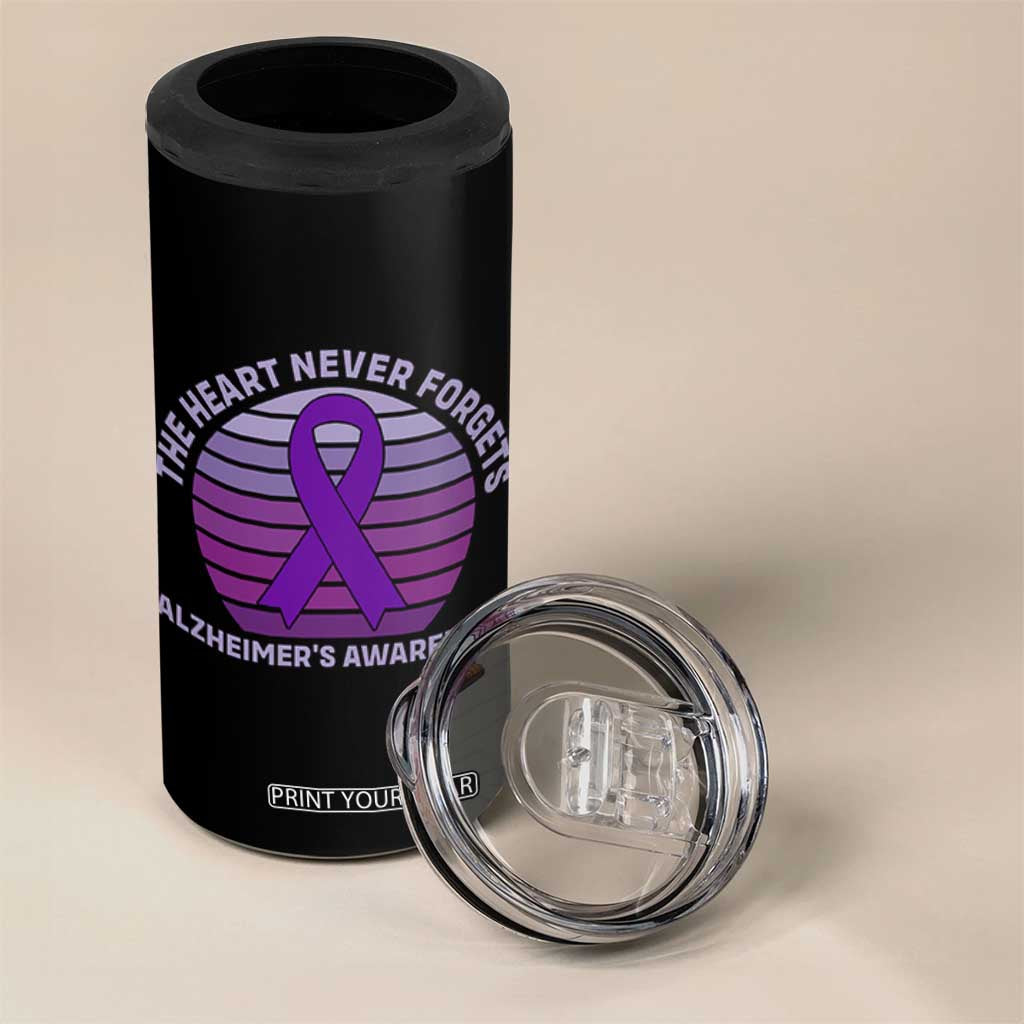 The Heart Never Forgets Alzheimers Support 4 in 1 Can Cooler Tumbler Vintage Sunset Purple Ribbon Graphic