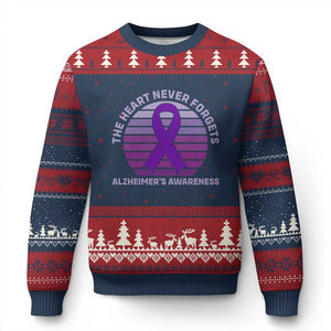 The Heart Never Forgets Alzheimers Support Ugly Christmas Sweater Vintage Sunset Purple Ribbon Graphic