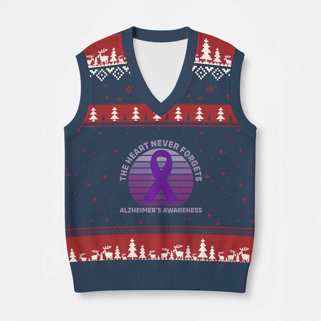The Heart Never Forgets Alzheimers Support V-Neck Knit Sweater Vest Vintage Sunset Purple Ribbon Graphic TS12 Navy Red Print Your Wear