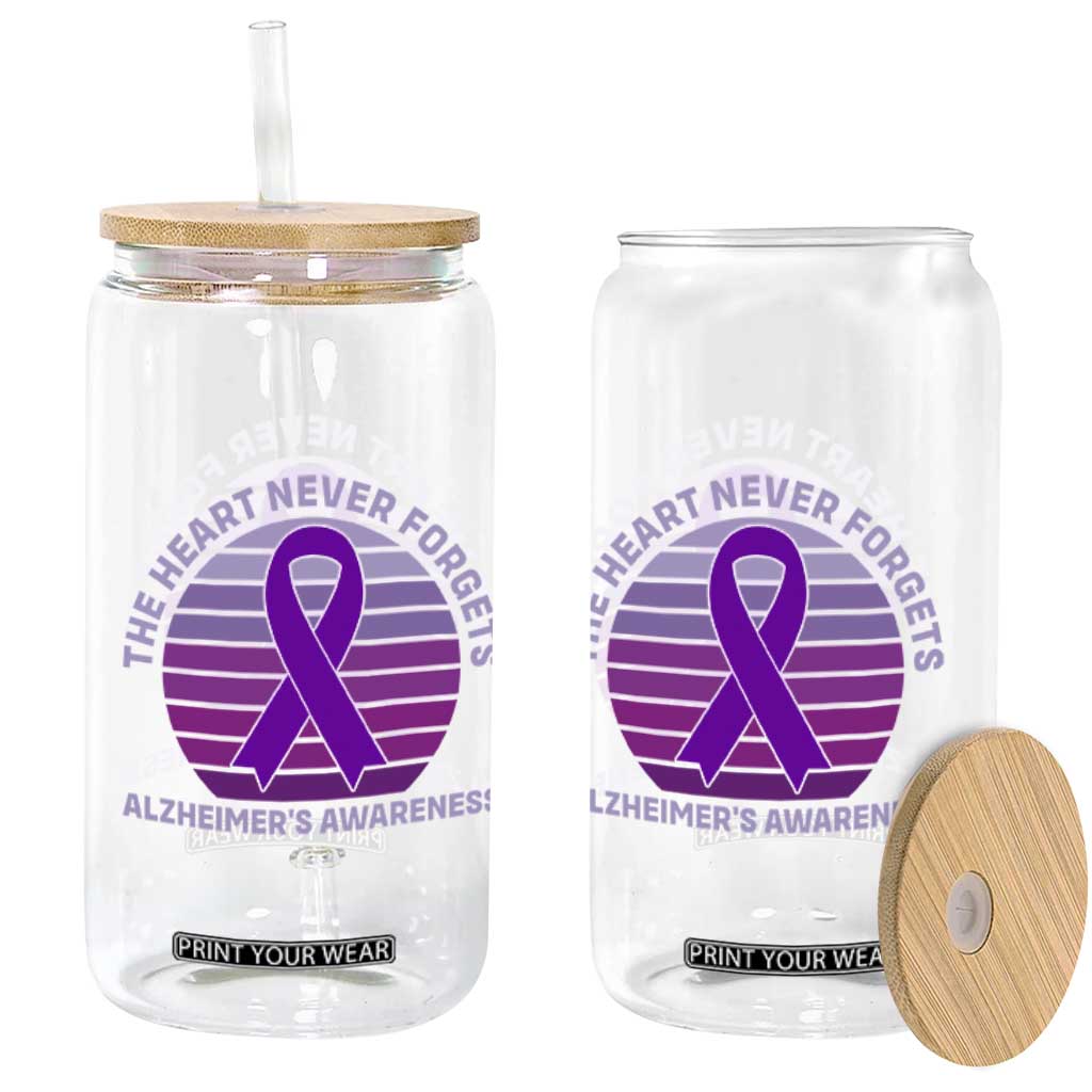 The Heart Never Forgets Alzheimers Support Glass Can Vintage Sunset Purple Ribbon Graphic