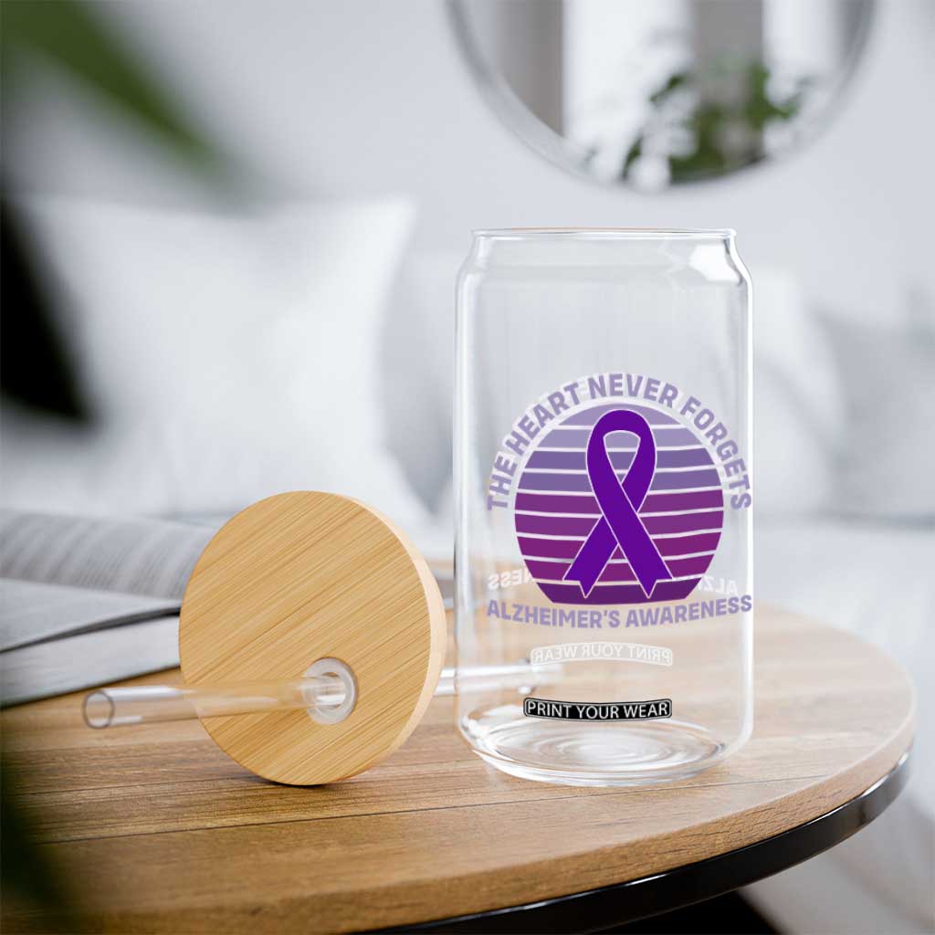 The Heart Never Forgets Alzheimers Support Glass Can Vintage Sunset Purple Ribbon Graphic