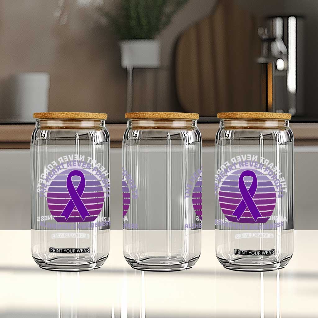 The Heart Never Forgets Alzheimers Support Glass Can Vintage Sunset Purple Ribbon Graphic