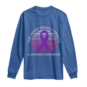 The Heart Never Forgets Alzheimers Support Long Sleeve Shirt Vintage Sunset Purple Ribbon Graphic