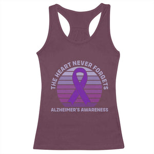 The Heart Never Forgets Alzheimers Support Racerback Tank Top Vintage Sunset Purple Ribbon Graphic