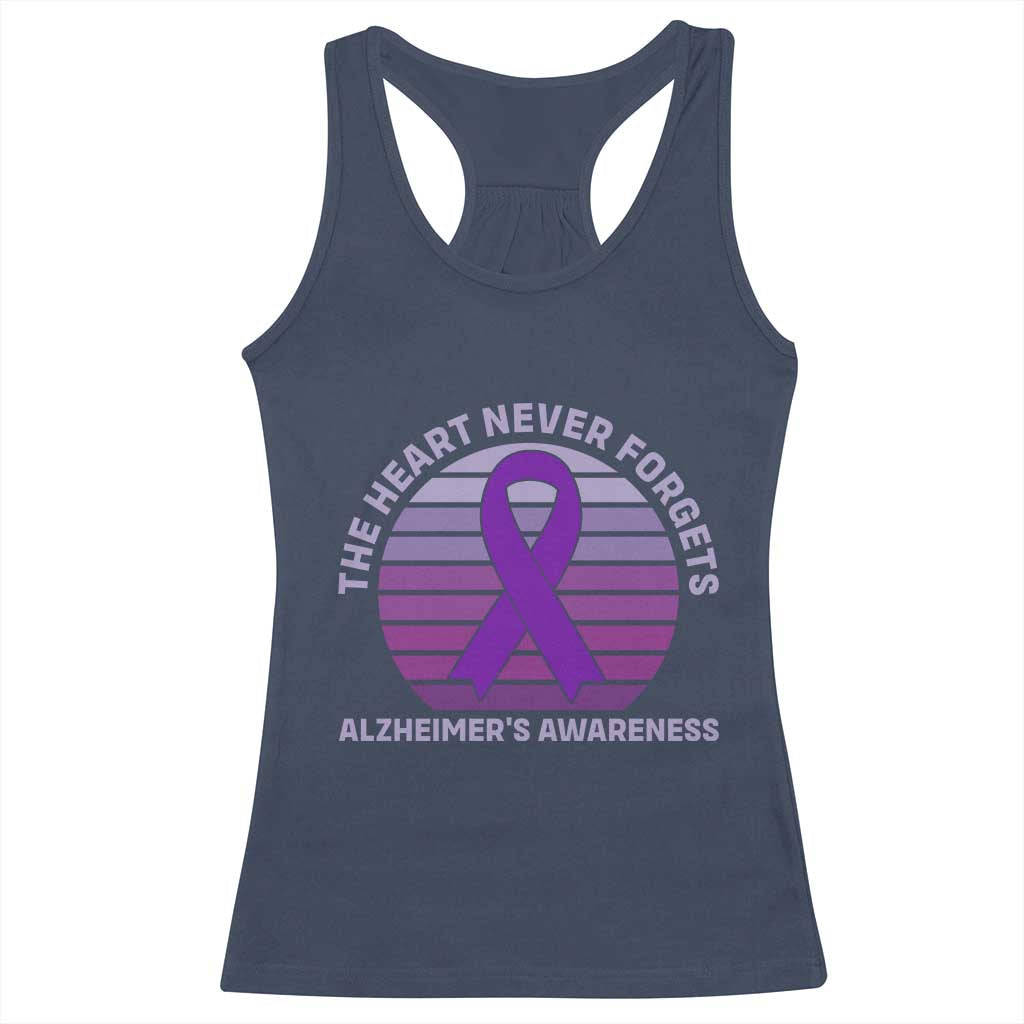 The Heart Never Forgets Alzheimers Support Racerback Tank Top Vintage Sunset Purple Ribbon Graphic