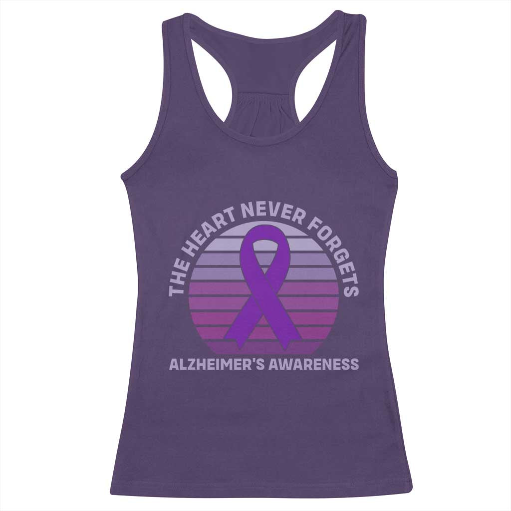 The Heart Never Forgets Alzheimers Support Racerback Tank Top Vintage Sunset Purple Ribbon Graphic TS12 Purple Print Your Wear