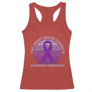 The Heart Never Forgets Alzheimers Support Racerback Tank Top Vintage Sunset Purple Ribbon Graphic