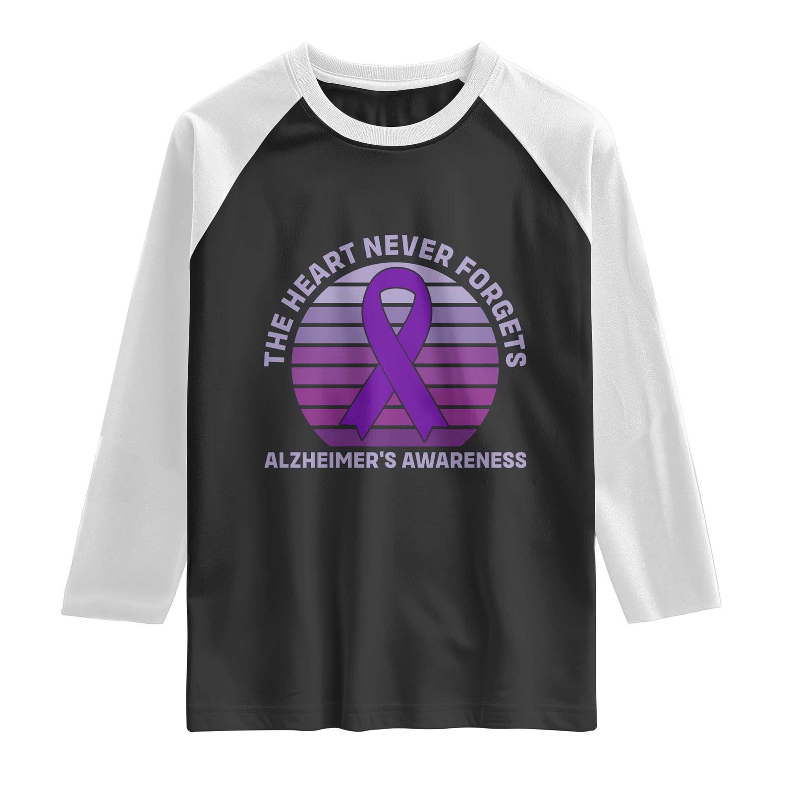 The Heart Never Forgets Alzheimers Support Raglan Shirt Vintage Sunset Purple Ribbon Graphic TS12 Black White Print Your Wear