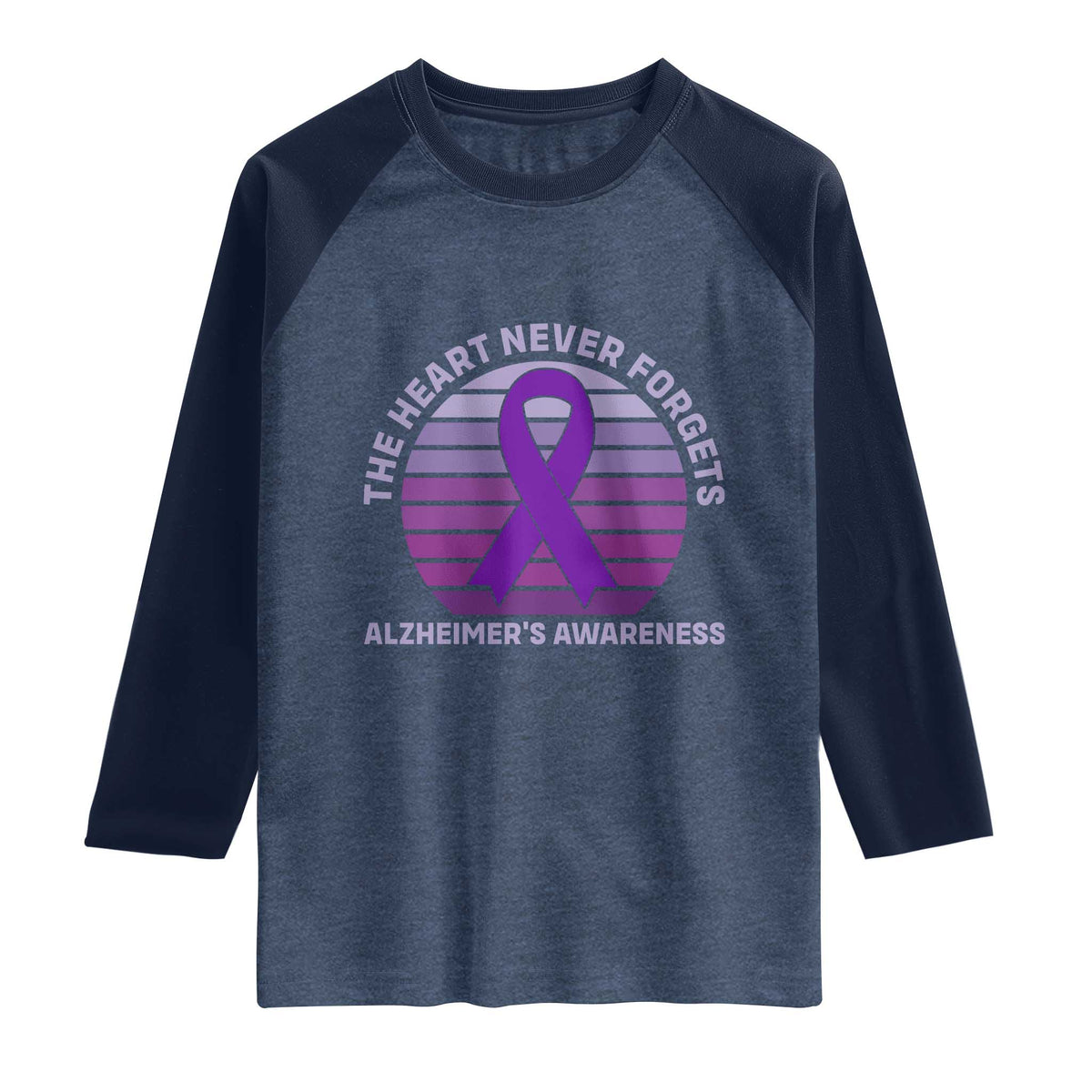 The Heart Never Forgets Alzheimers Support Raglan Shirt Vintage Sunset Purple Ribbon Graphic