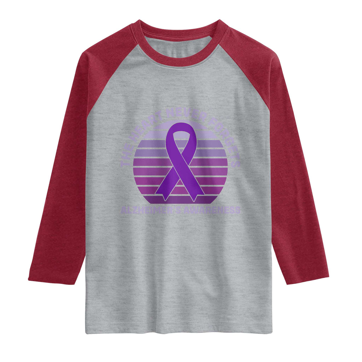 The Heart Never Forgets Alzheimers Support Raglan Shirt Vintage Sunset Purple Ribbon Graphic