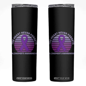 The Heart Never Forgets Alzheimers Support Skinny Tumbler Vintage Sunset Purple Ribbon Graphic