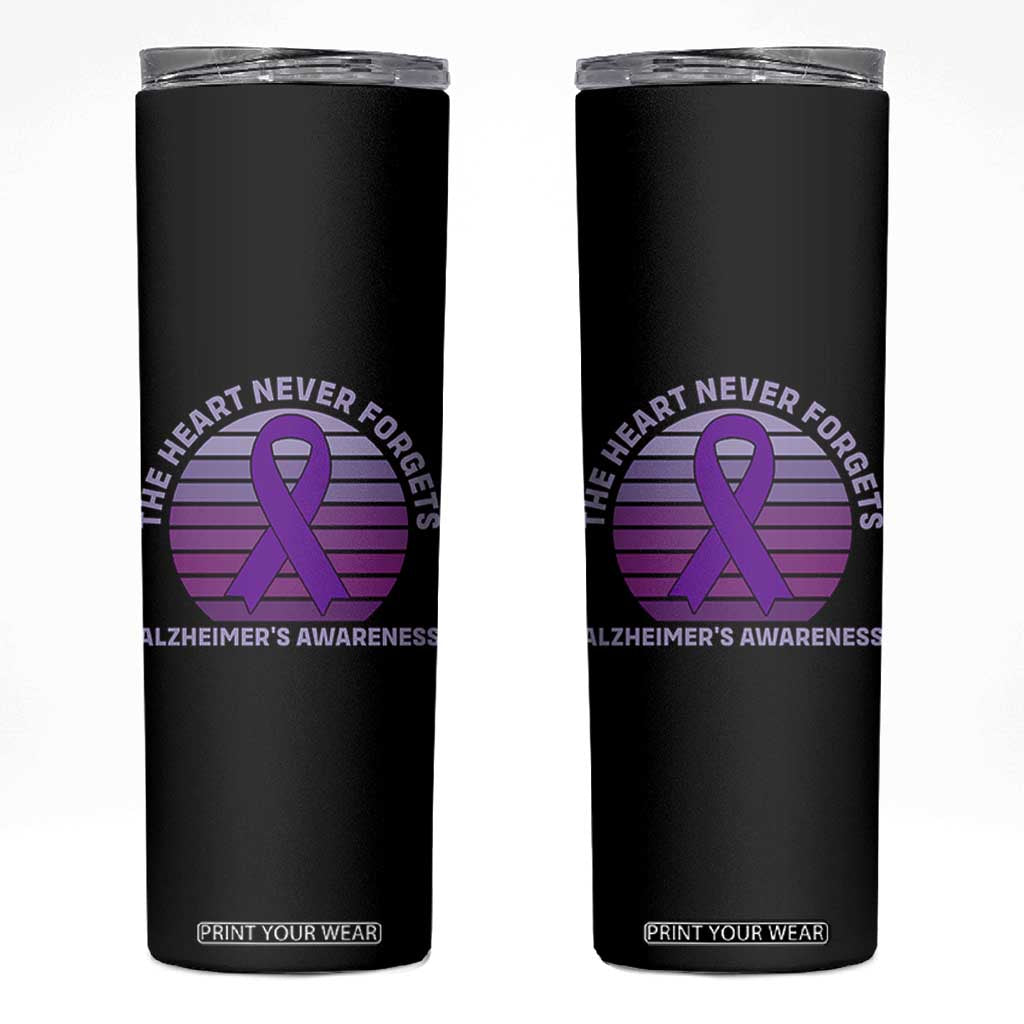 The Heart Never Forgets Alzheimers Support Skinny Tumbler Vintage Sunset Purple Ribbon Graphic TS12 Black Print Your Wear