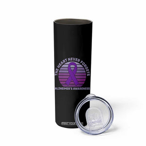 The Heart Never Forgets Alzheimers Support Skinny Tumbler Vintage Sunset Purple Ribbon Graphic