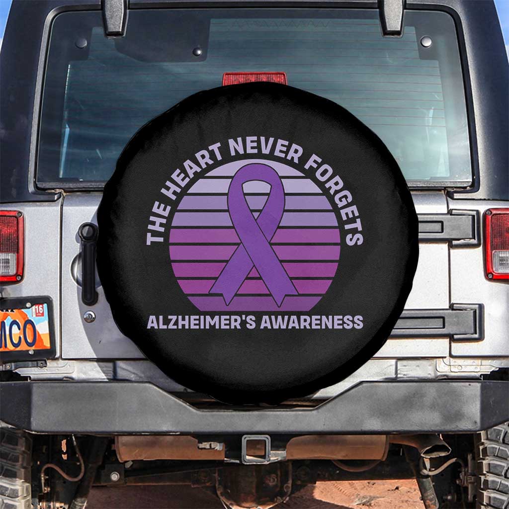 The Heart Never Forgets Alzheimers Support Spare Tire Cover Vintage Sunset Purple Ribbon Graphic TS12 No hole Black Print Your Wear