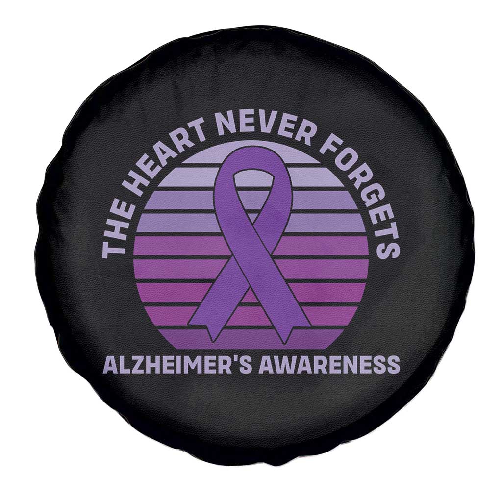 The Heart Never Forgets Alzheimers Support Spare Tire Cover Vintage Sunset Purple Ribbon Graphic