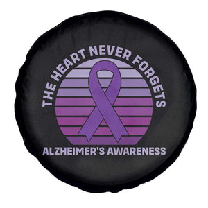 The Heart Never Forgets Alzheimers Support Spare Tire Cover Vintage Sunset Purple Ribbon Graphic
