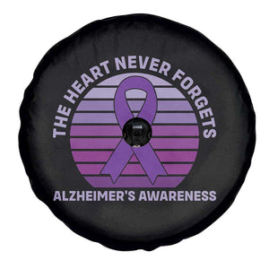 The Heart Never Forgets Alzheimers Support Spare Tire Cover Vintage Sunset Purple Ribbon Graphic