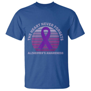 The Heart Never Forgets Alzheimers Support T Shirt Vintage Sunset Purple Ribbon Graphic