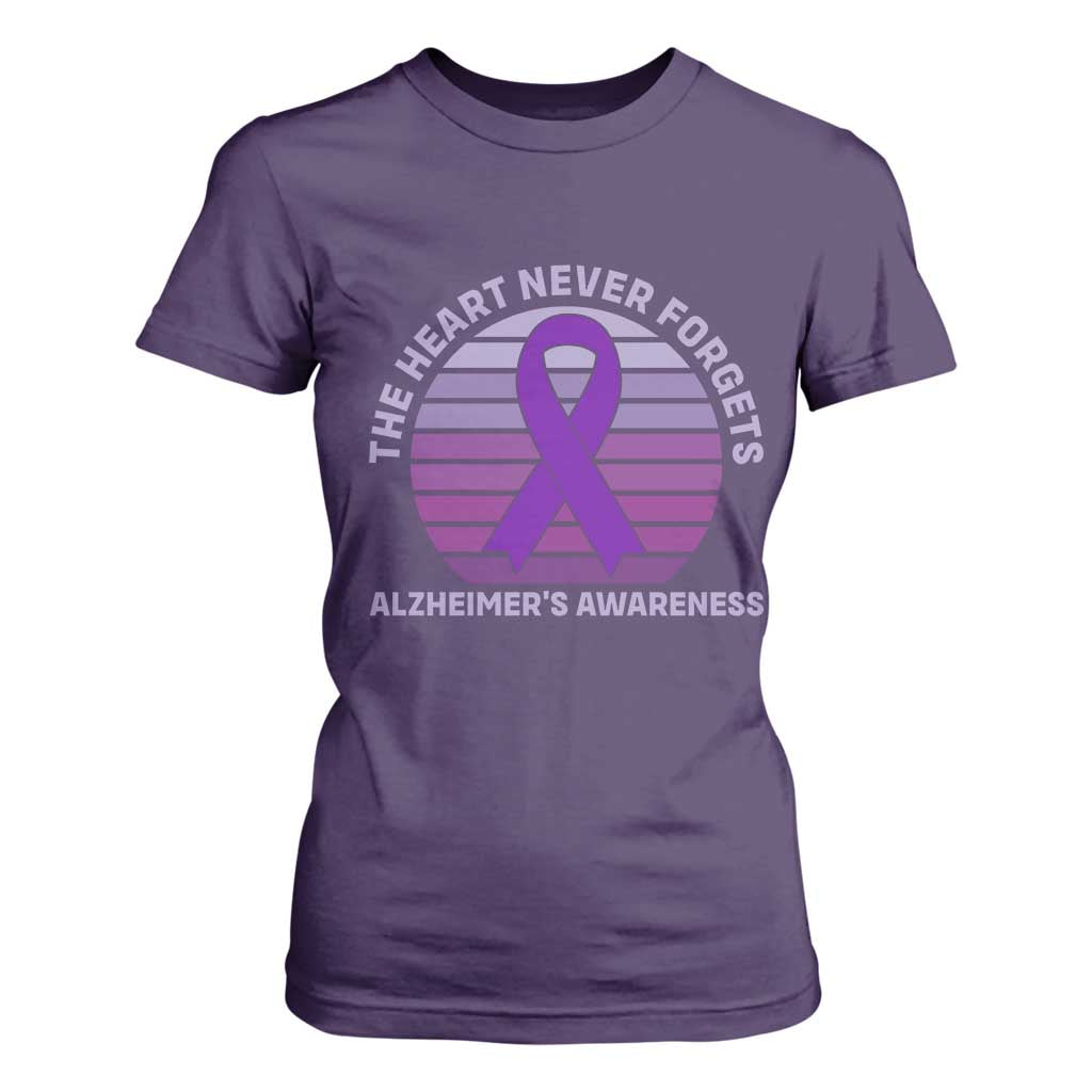 The Heart Never Forgets Alzheimers Support T Shirt For Women Vintage Sunset Purple Ribbon Graphic TS12 Purple Print Your Wear