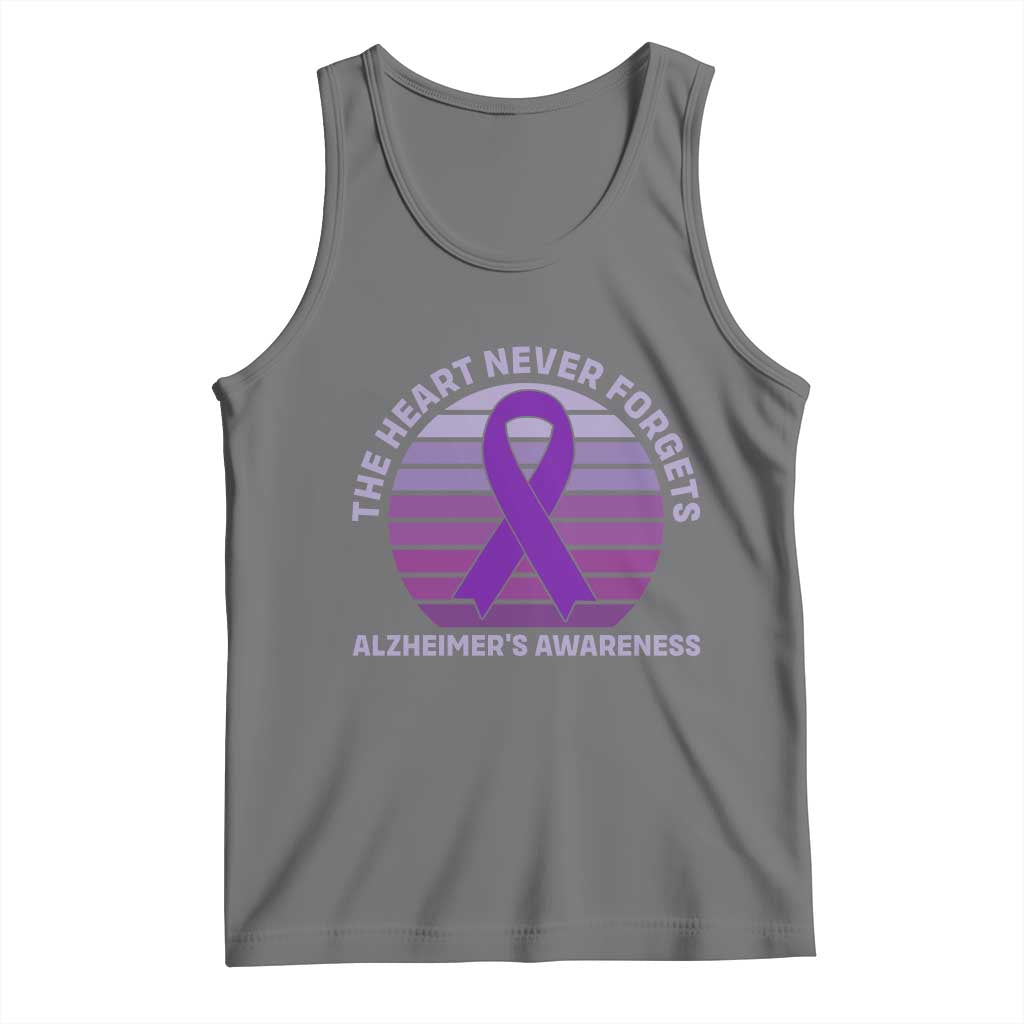 The Heart Never Forgets Alzheimers Support Tank Top Vintage Sunset Purple Ribbon Graphic