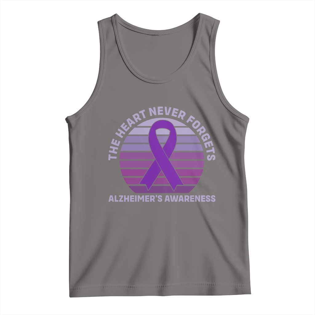 The Heart Never Forgets Alzheimers Support Tank Top Vintage Sunset Purple Ribbon Graphic