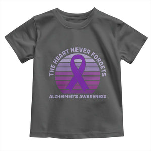 The Heart Never Forgets Alzheimers Support Toddler T Shirt Vintage Sunset Purple Ribbon Graphic