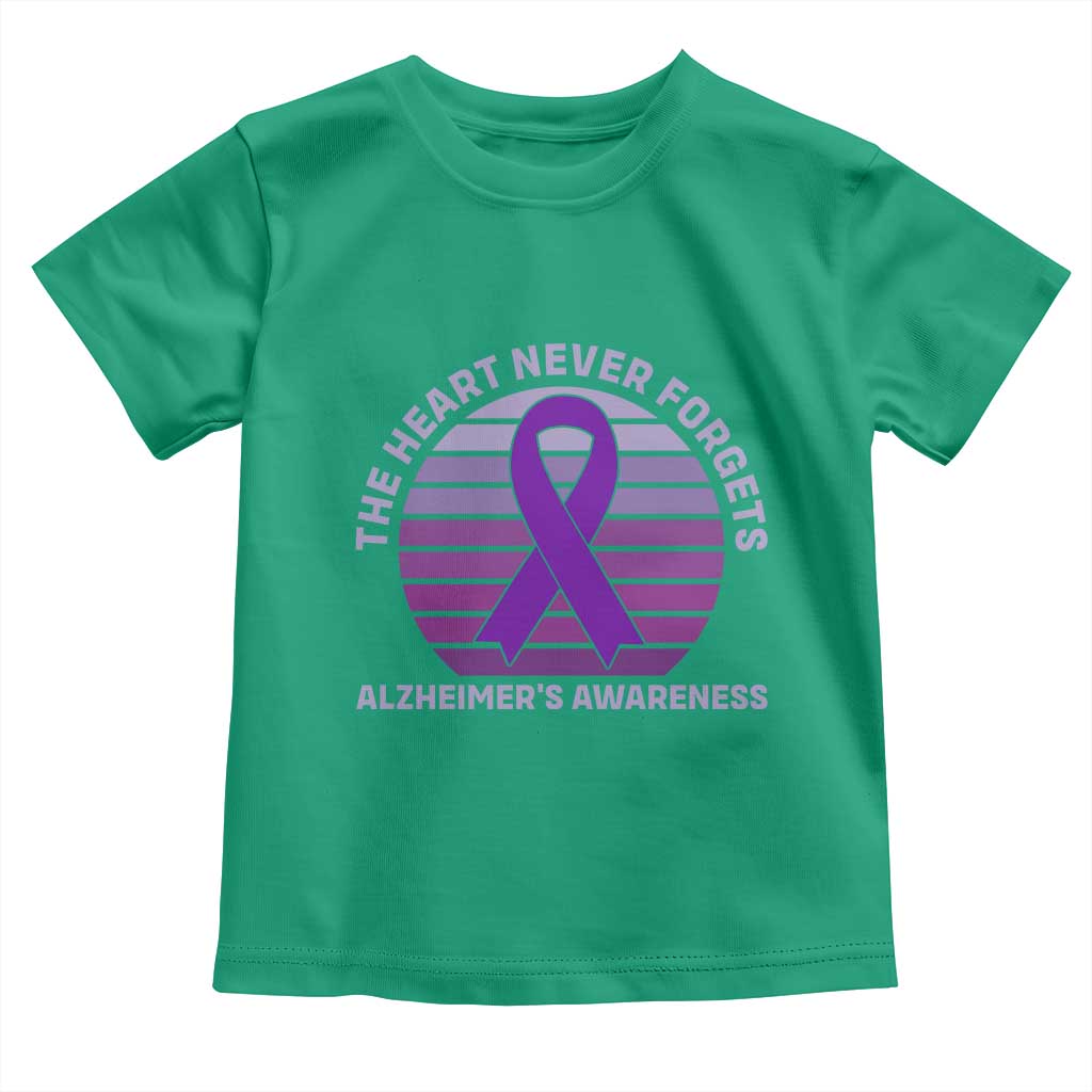 The Heart Never Forgets Alzheimers Support Toddler T Shirt Vintage Sunset Purple Ribbon Graphic
