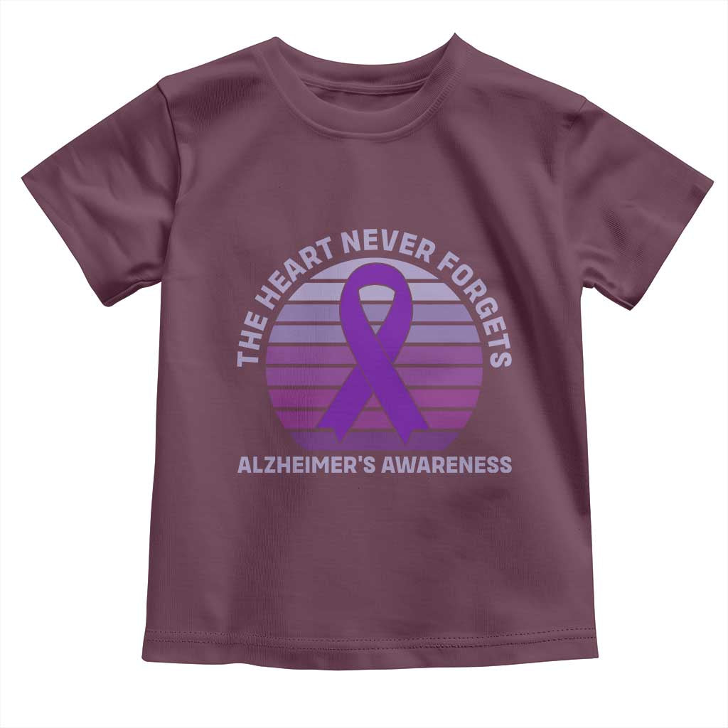 The Heart Never Forgets Alzheimers Support Toddler T Shirt Vintage Sunset Purple Ribbon Graphic