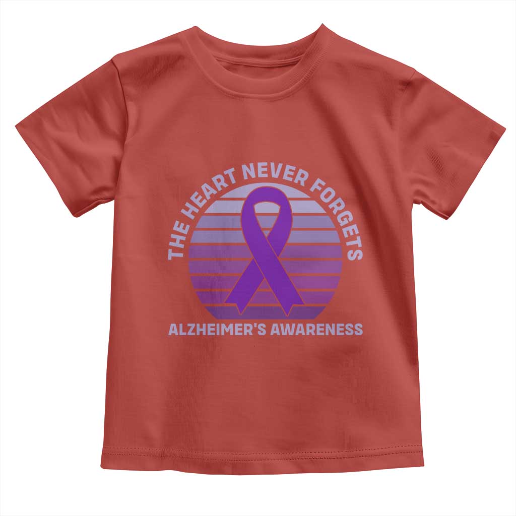 The Heart Never Forgets Alzheimers Support Toddler T Shirt Vintage Sunset Purple Ribbon Graphic