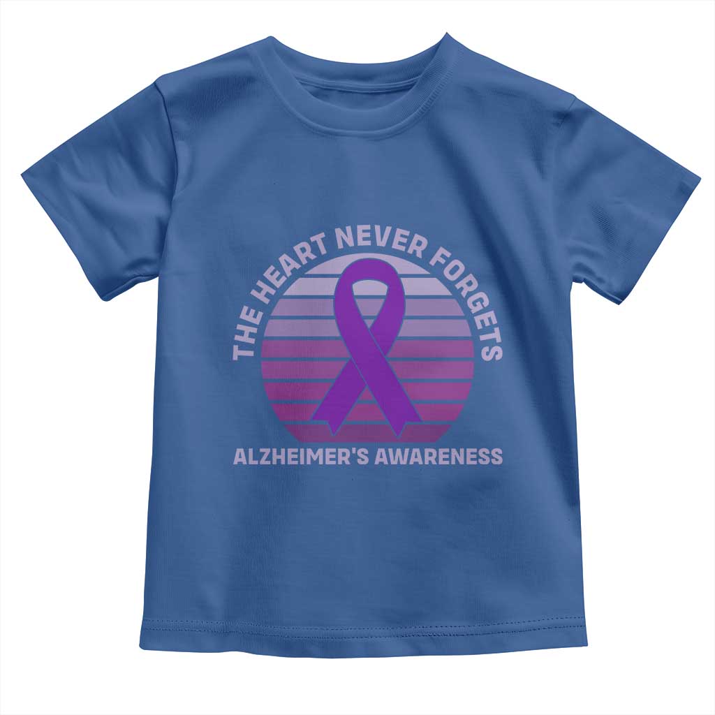 The Heart Never Forgets Alzheimers Support Toddler T Shirt Vintage Sunset Purple Ribbon Graphic
