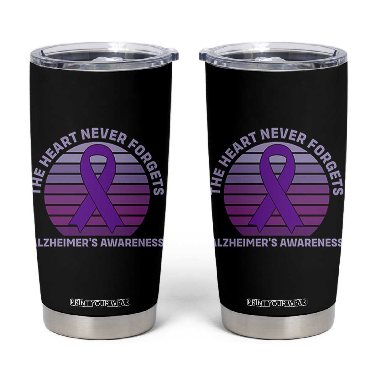 The Heart Never Forgets Alzheimers Support Tumbler Cup Vintage Sunset Purple Ribbon Graphic
