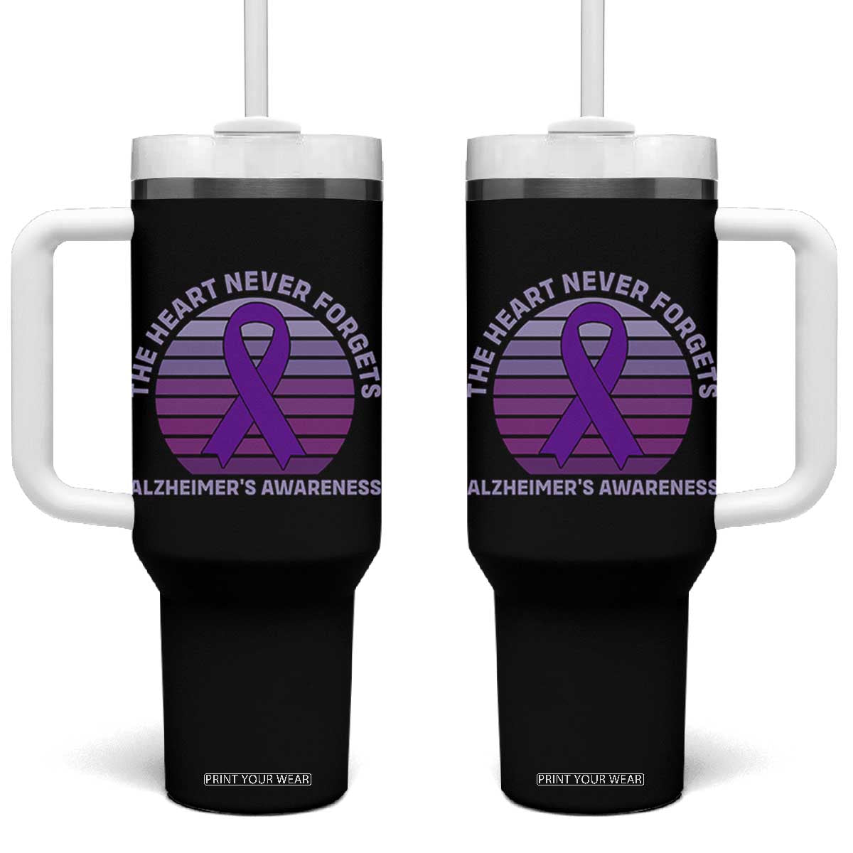 The Heart Never Forgets Alzheimers Support Tumbler With Handle Vintage Sunset Purple Ribbon Graphic