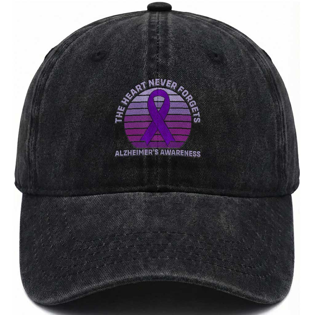 The Heart Never Forgets Alzheimers Support Washed Cotton Baseball Cap Vintage Sunset Purple Ribbon Graphic TS12 Print Your Wear