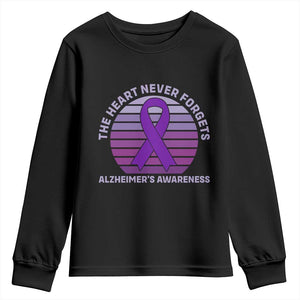 The Heart Never Forgets Alzheimers Support Youth Sweatshirt Vintage Sunset Purple Ribbon Graphic