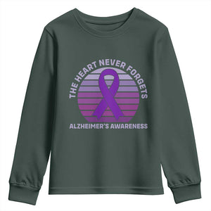 The Heart Never Forgets Alzheimers Support Youth Sweatshirt Vintage Sunset Purple Ribbon Graphic