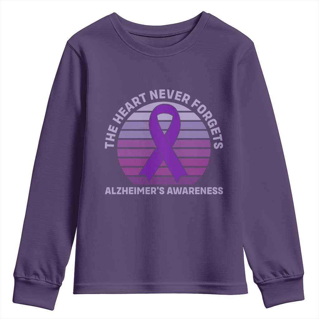 The Heart Never Forgets Alzheimers Support Youth Sweatshirt Vintage Sunset Purple Ribbon Graphic TS12 Purple Print Your Wear