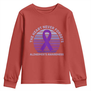 The Heart Never Forgets Alzheimers Support Youth Sweatshirt Vintage Sunset Purple Ribbon Graphic