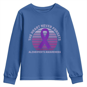 The Heart Never Forgets Alzheimers Support Youth Sweatshirt Vintage Sunset Purple Ribbon Graphic
