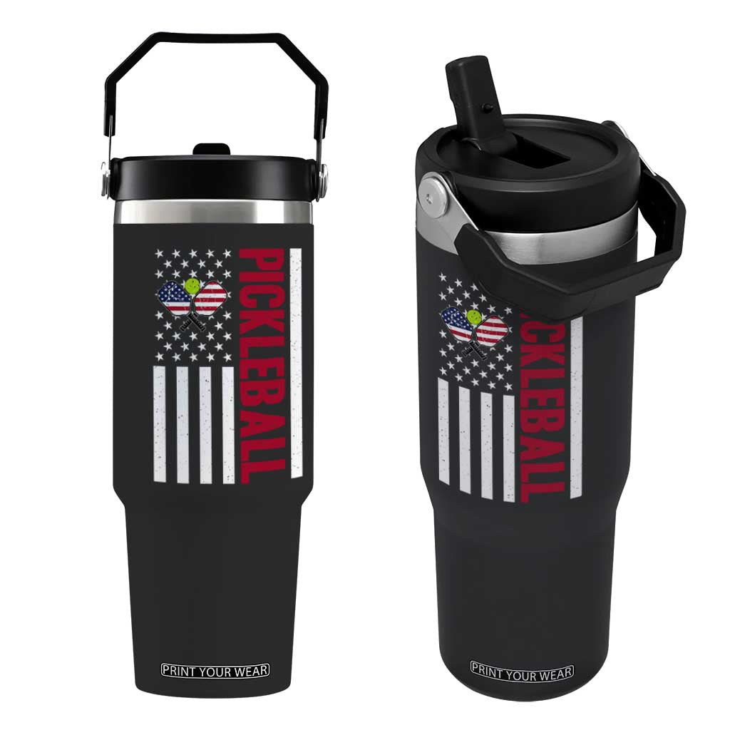 Pickleball Patriotic Flip Straw Tumbler American Flag Sport Gift TS12 One Size: 30 oz Black Print Your Wear
