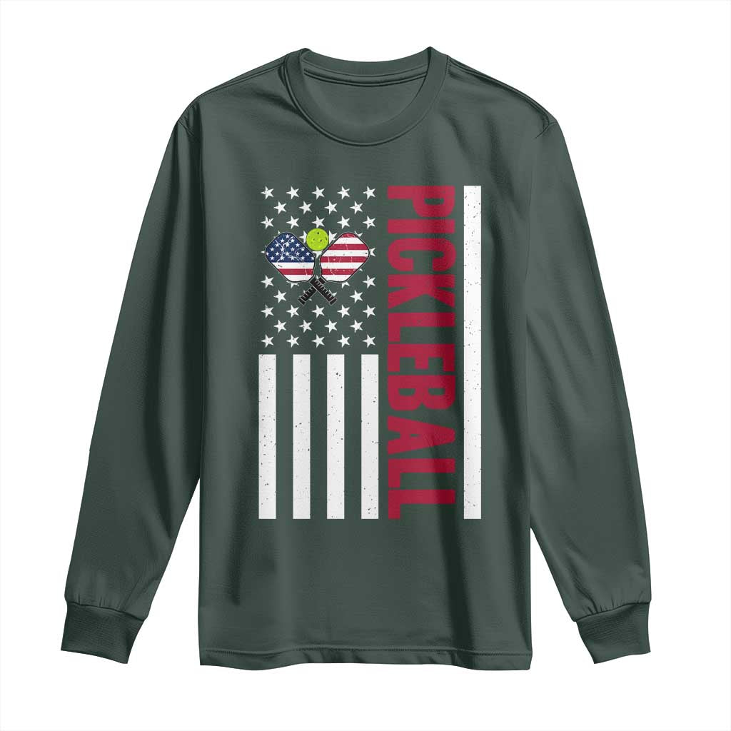 Pickleball Patriotic Long Sleeve Shirt American Flag Sport Gift TS12 Dark Forest Green Print Your Wear