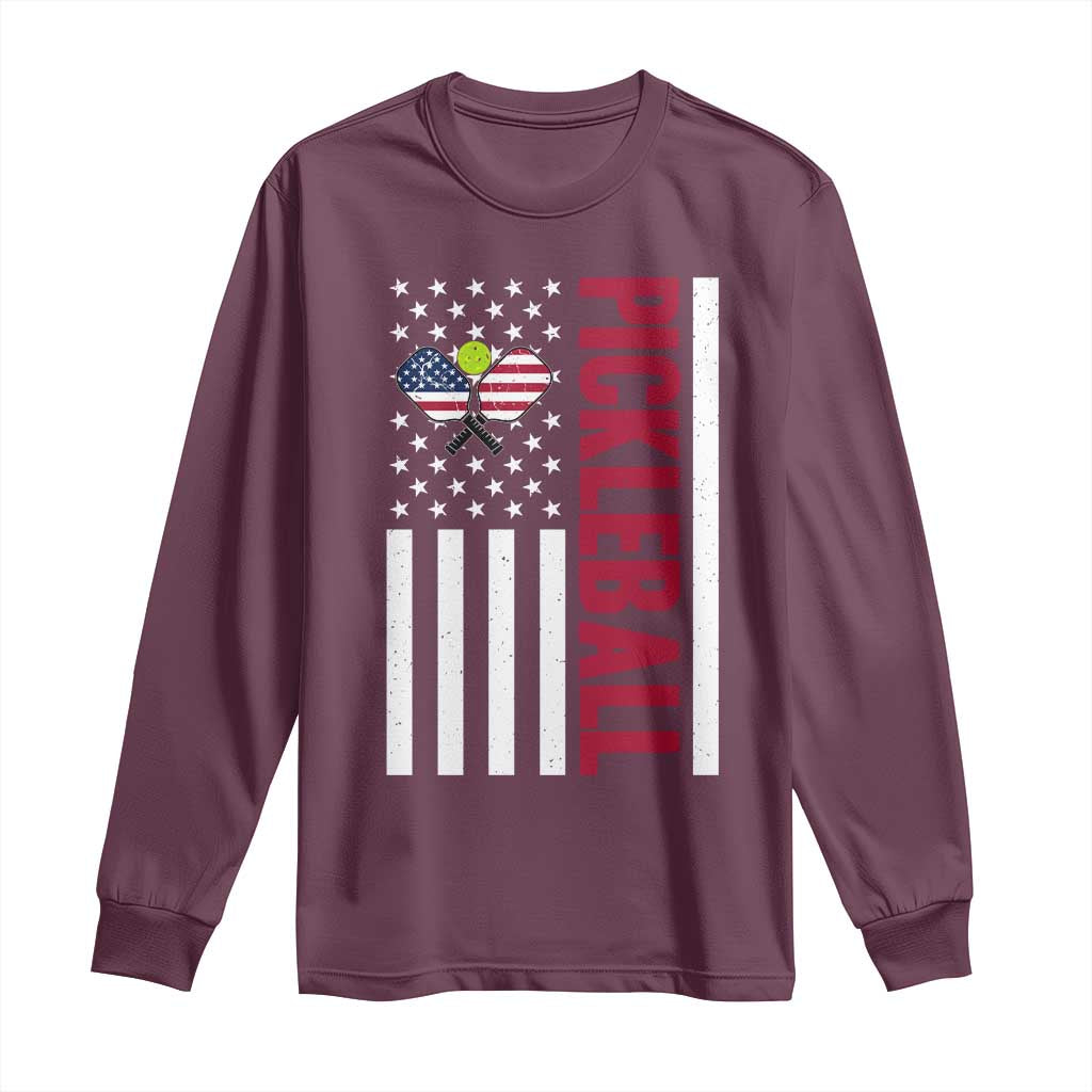Pickleball Patriotic Long Sleeve Shirt American Flag Sport Gift TS12 Maroon Print Your Wear