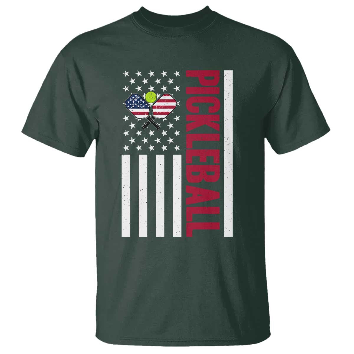 Pickleball Patriotic T Shirt American Flag Sport Gift TS12 Dark Forest Green Print Your Wear