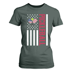 Pickleball Patriotic T Shirt For Women American Flag Sport Gift TS12 Dark Forest Green Print Your Wear