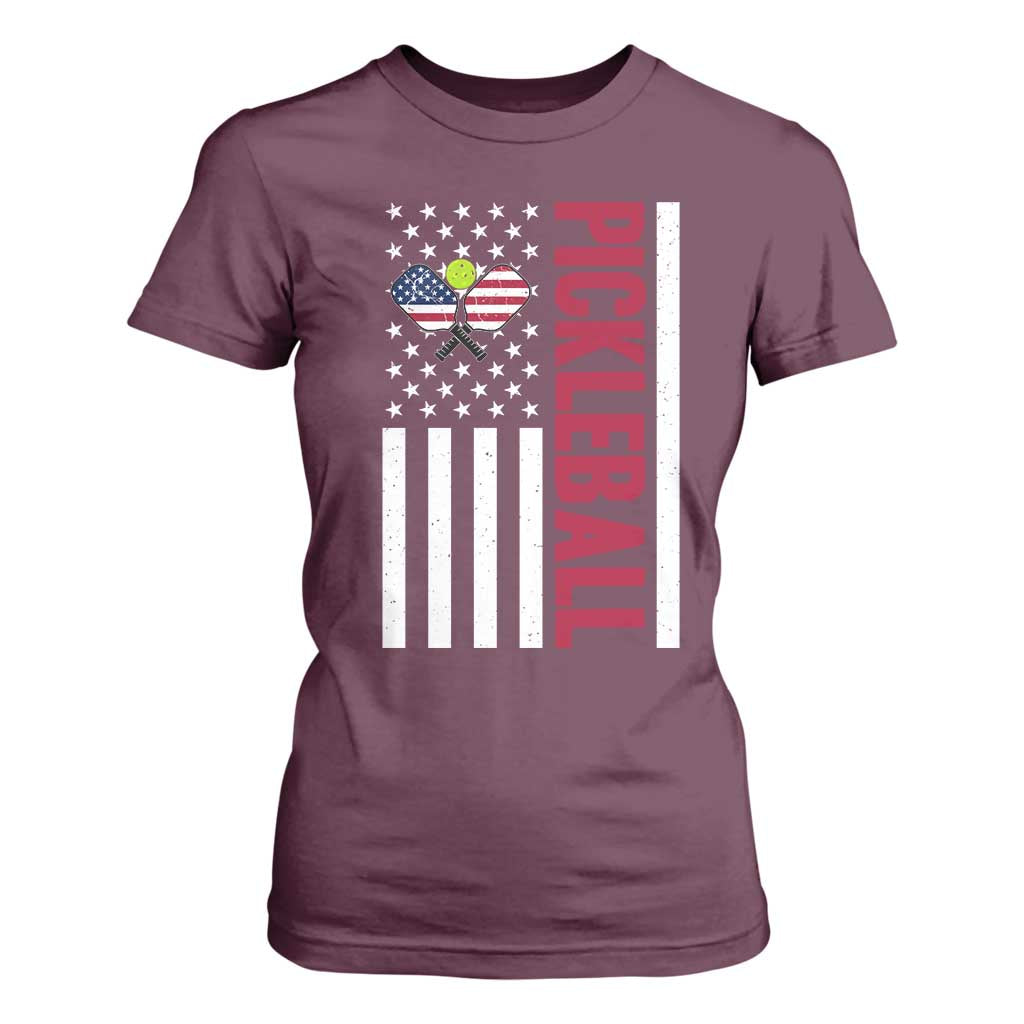 Pickleball Patriotic T Shirt For Women American Flag Sport Gift TS12 Maroon Print Your Wear