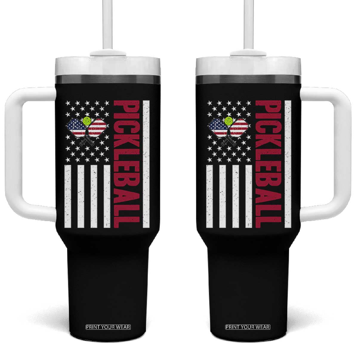 Pickleball Patriotic Tumbler With Handle American Flag Sport Gift TS12 One Size: 40 oz Black Print Your Wear