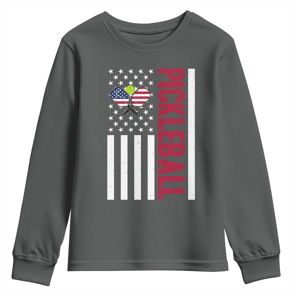Pickleball Patriotic Youth Sweatshirt American Flag Sport Gift TS12 Dark Heather Print Your Wear