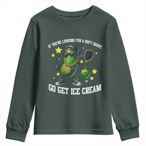 Funny Pickle Playing Pickleball Youth Sweatshirt If You Want Soft Serve Eat Ice Cream TS12 Dark Forest Green Print Your Wear