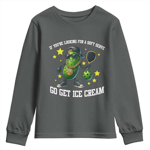 Funny Pickle Playing Pickleball Youth Sweatshirt If You Want Soft Serve Eat Ice Cream TS12 Dark Heather Print Your Wear