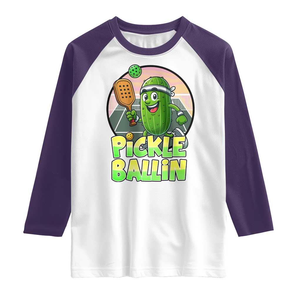 Funny Pickleball Lover Raglan Shirt Pickle Ballin Quote TS12 White Purple Print Your Wear